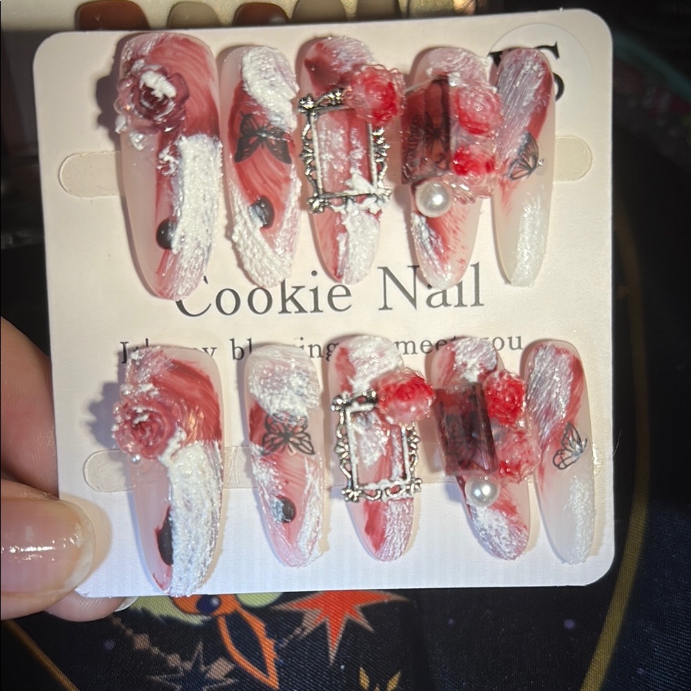 Handmade Red and White Floral Nail Set Long Oval